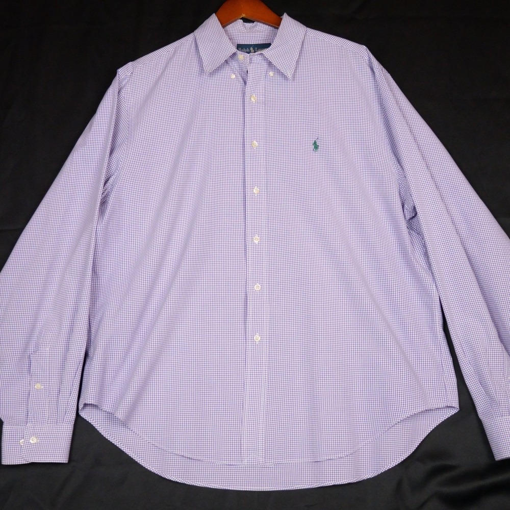 Ralph Lauren Button Down Shirt Mens 17 36/37 Purple Gingham Classic Fit Cotton